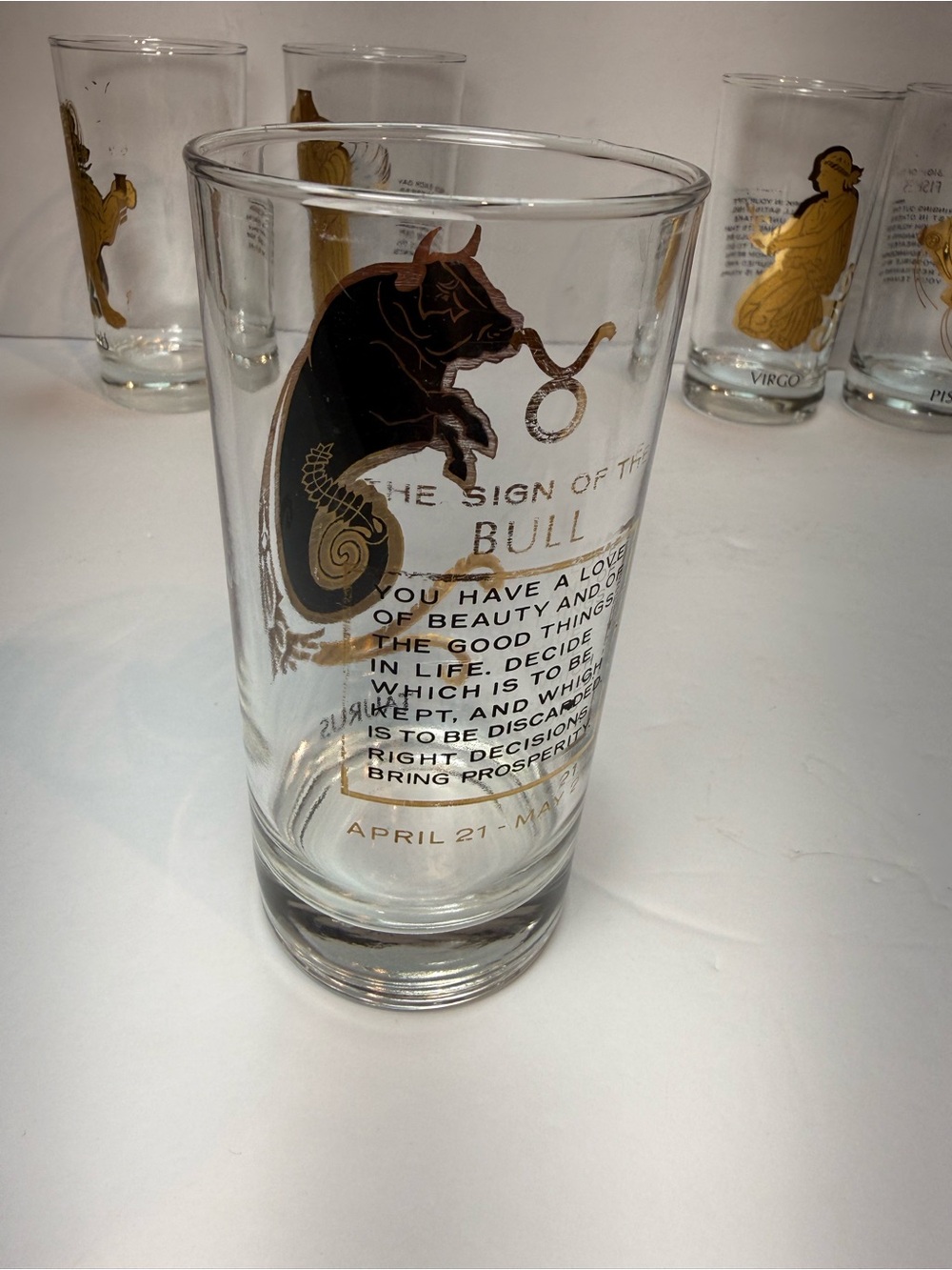 Vintage MCM Hocking 22K Gold Zodiac Highball Glass Tumblers Set of 5 - Picture 7 of 12